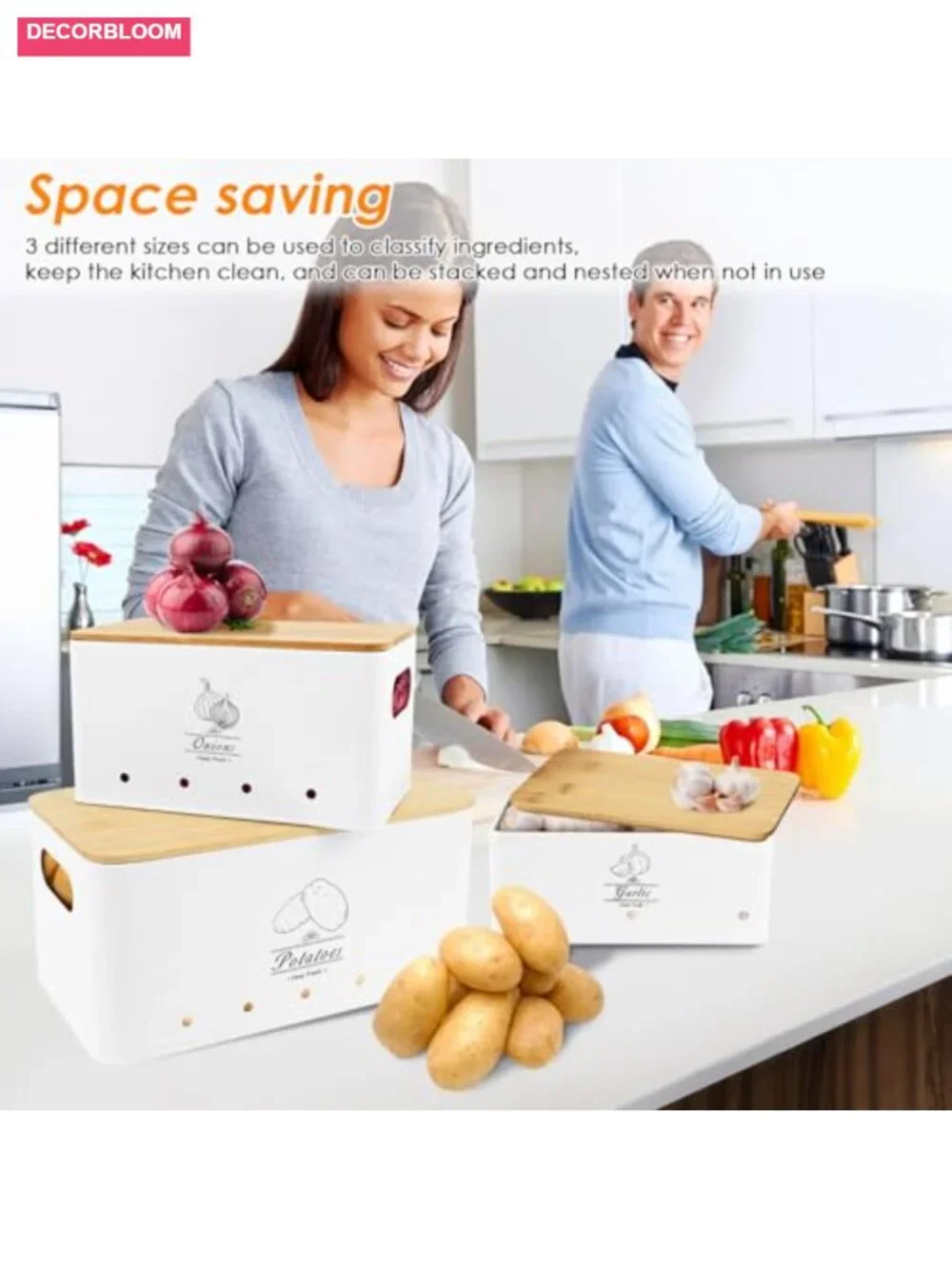 5 Piece Kitchen Food Storage Set Potato Onion Garlic Bins with Peeler and Cutter